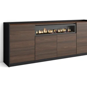 Dressoir, Opbergkast, 207x80x37 cm, 4 Deuren, Elektrische haard, Donkere eik en Zwart Dressoir, Opbergkast, 207x80x37 cm, 4 Deuren, Elektrische haard, Donkere eik en Zwart
