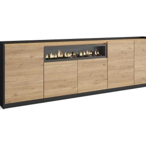 Dressoir, Opbergkast, 260x80x37 cm, 5 Deuren, Elektrische haard, Eiken/Zwart