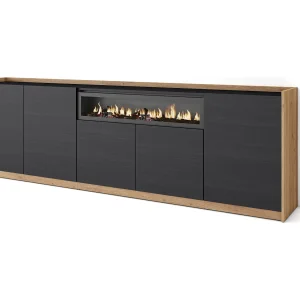 Dressoir, Opbergkast, 260x80x37 cm, 5 Deuren, Elektrische haard, Zwart/Eiken