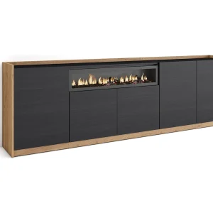 Dressoir, Opbergkast, 260x80x37 cm, 5 Deuren, Elektrische haard, Zwart/Eiken