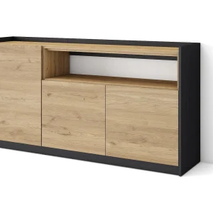 Dressoir, Opbergkast, 156x80x37 cm, 3 Deuren, Woonkamer, hal, Eiken/Zwart