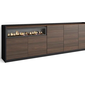 Dressoir, Opbergkast, 260x80x37 cm, 5 Deuren, Elektrische haard, Donkere eik en Zwart