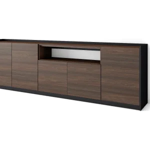 Dressoir, Opbergkast, 260x80x37 cm, 5 Deuren, Woonkamer, hal, Donkere eik en Zwart