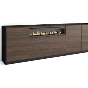 Dressoir, Opbergkast, 260x80x37 cm, 5 Deuren, Elektrische haard, Donkere eik en Zwart