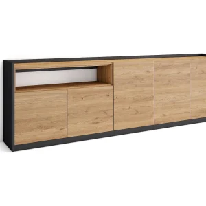 Dressoir, Opbergkast, 260x80x37 cm, 5 Deuren, Woonkamer, hal, Eiken/Zwart