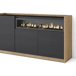 Dressoir, Opbergkast, 156x80x37 cm, 3 Deuren, Elektrische haard, Zwart/Eiken