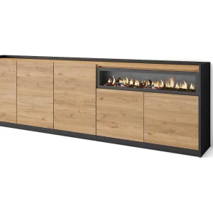 Dressoir, Opbergkast, 260x80x37 cm, 5 Deuren, Elektrische haard, Eiken/Zwart