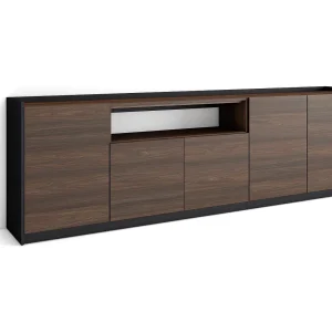 Dressoir, Opbergkast, 260x80x37 cm, 5 Deuren, Woonkamer, hal, Donkere eik en Zwart