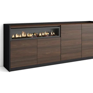 Dressoir, Opbergkast, 207x80x37 cm, 4 Deuren, Elektrische haard, Donkere eik en Zwart Dressoir, Opbergkast, 207x80x37 cm, 4 Deuren, Elektrische haard, Donkere eik en Zwart