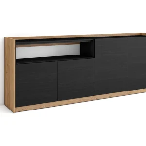 Dressoir, Opbergkast, 207x80x37 cm, 4 Deuren, Woonkamer, hal, Zwart/Eiken Dressoir, Opbergkast, 207x80x37 cm, 4 Deuren, Woonkamer, hal, Zwart/Eiken
