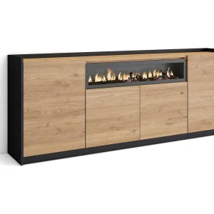 Dressoir, Opbergkast, 207x80x37 cm, 4 Deuren, Elektrische haard, Eiken/Zwart Dressoir, Opbergkast, 207x80x37 cm, 4 Deuren, Elektrische haard, Eiken/Zwart