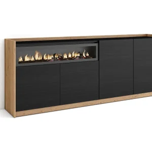 Dressoir, Opbergkast, 207x80x37 cm, 4 Deuren, Elektrische haard, Zwart/Eiken Dressoir, Opbergkast, 207x80x37 cm, 4 Deuren, Elektrische haard, Zwart/Eiken