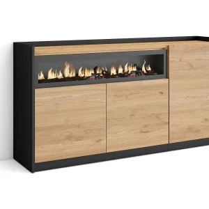 Dressoir, Opbergkast, 156x80x37 cm, 3 Deuren, Elektrische haard, Eiken/Zwart