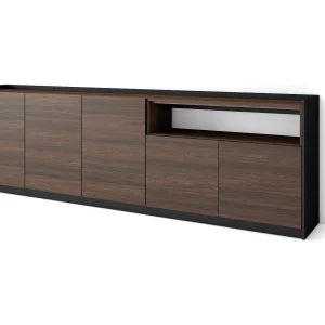 Dressoir, Opbergkast, 260x80x37 cm, 5 Deuren, Woonkamer, hal, Donkere eik en Zwart