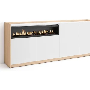 Dressoir, Opbergkast, 207x80x37 cm, 4 Deuren, Elektrische haard, Wit en Eiken soft Dressoir, Opbergkast, 207x80x37 cm, 4 Deuren, Elektrische haard, Wit en Eiken soft