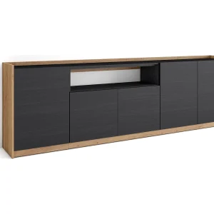 Dressoir, Opbergkast, 260x80x37 cm, 5 Deuren, Woonkamer, hal, Zwart/Eiken