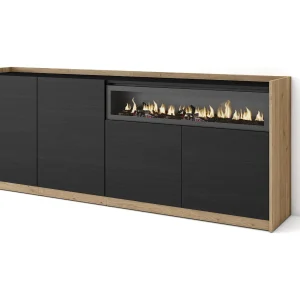 Dressoir, Opbergkast, 207x80x37 cm, 4 Deuren, Elektrische haard, Zwart/Eiken Dressoir, Opbergkast, 207x80x37 cm, 4 Deuren, Elektrische haard, Zwart/Eiken