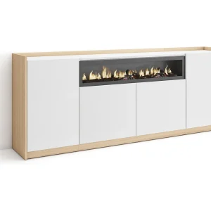 Dressoir, Opbergkast, 207x80x37 cm, 4 Deuren, Elektrische haard, Wit en Eiken soft Dressoir, Opbergkast, 207x80x37 cm, 4 Deuren, Elektrische haard, Wit en Eiken soft