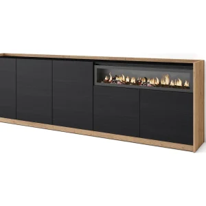 Dressoir, Opbergkast, 260x80x37 cm, 5 Deuren, Elektrische haard, Zwart/Eiken
