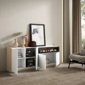 Dressoir, Opbergkast, 207x80x37 cm, 4 Deuren, Elektrische haard, Wit en Eiken soft Dressoir, Opbergkast, 207x80x37 cm, 4 Deuren, Elektrische haard, Wit en Eiken soft