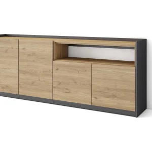 Dressoir, Opbergkast, 207x80x37 cm, 4 Deuren, Woonkamer, hal, Eiken/Zwart Dressoir, Opbergkast, 207x80x37 cm, 4 Deuren, Woonkamer, hal, Eiken/Zwart