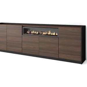 Dressoir, Opbergkast, 260x80x37 cm, 5 Deuren, Elektrische haard, Donkere eik en Zwart