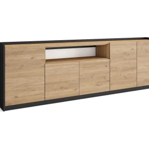 Dressoir, Opbergkast, 260x80x37 cm, 5 Deuren, Woonkamer, hal, Eiken/Zwart