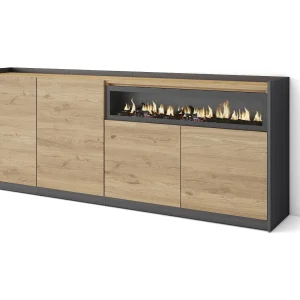 Dressoir, Opbergkast, 207x80x37 cm, 4 Deuren, Elektrische haard, Eiken/Zwart Dressoir, Opbergkast, 207x80x37 cm, 4 Deuren, Elektrische haard, Eiken/Zwart
