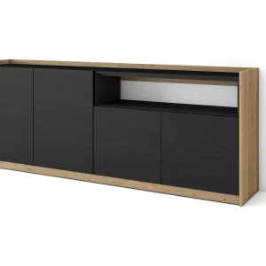 Dressoir, Opbergkast, 207x80x37 cm, 4 Deuren, Woonkamer, hal, Zwart/Eiken Dressoir, Opbergkast, 207x80x37 cm, 4 Deuren, Woonkamer, hal, Zwart/Eiken