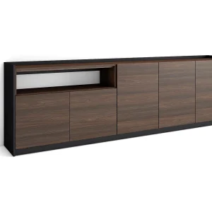 Dressoir, Opbergkast, 260x80x37 cm, 5 Deuren, Woonkamer, hal, Donkere eik en Zwart
