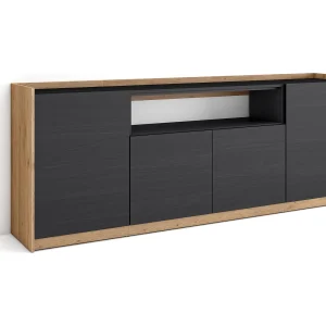 Dressoir, Opbergkast, 207x80x37 cm, 4 Deuren, Woonkamer, hal, Zwart/Eiken Dressoir, Opbergkast, 207x80x37 cm, 4 Deuren, Woonkamer, hal, Zwart/Eiken