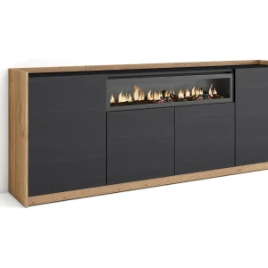 Dressoir, Opbergkast, 207x80x37 cm, 4 Deuren, Elektrische haard, Zwart/Eiken Dressoir, Opbergkast, 207x80x37 cm, 4 Deuren, Elektrische haard, Zwart/Eiken