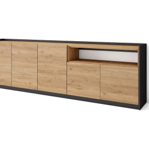 Dressoir, Opbergkast, 260x80x37 cm, 5 Deuren, Woonkamer, hal, Eiken/Zwart