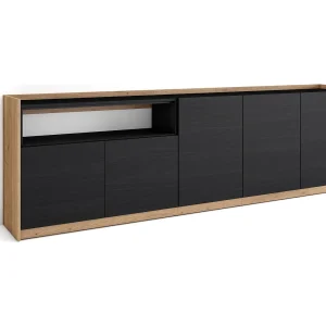 Dressoir, Opbergkast, 260x80x37 cm, 5 Deuren, Woonkamer, hal, Zwart/Eiken