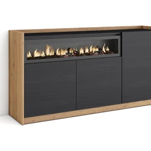 Dressoir, Opbergkast, 156x80x37 cm, 3 Deuren, Elektrische haard, Zwart/Eiken