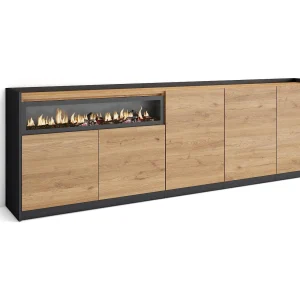 Dressoir, Opbergkast, 260x80x37 cm, 5 Deuren, Elektrische haard, Eiken/Zwart