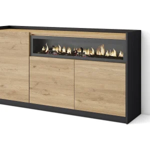 Dressoir, Opbergkast, 156x80x37 cm, 3 Deuren, Elektrische haard, Eiken/Zwart