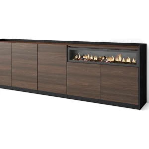Dressoir, Opbergkast, 260x80x37 cm, 5 Deuren, Elektrische haard, Donkere eik en Zwart