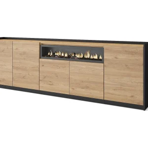 Dressoir, Opbergkast, 260x80x37 cm, 5 Deuren, Elektrische haard, Eiken/Zwart