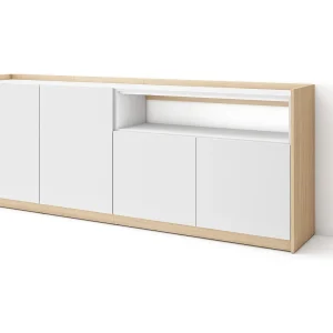 Dressoir, Opbergkast, 207x80x37 cm, 4 Deuren, Woonkamer, hal, Wit en Eiken soft Dressoir, Opbergkast, 207x80x37 cm, 4 Deuren, Woonkamer, hal, Wit en Eiken soft
