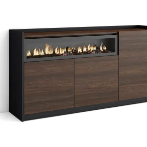 Dressoir, Opbergkast, 156x80x37 cm, 3 Deuren, Elektrische haard, Donkere eik en Zwart