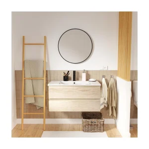 Enkele wastafelmeubel van 80 cm, eikenhouten afwerking, met kraan en spiegel SORRENTO Enkele wastafelmeubel van 80 cm, eikenhouten afwerking, met kraan en spiegel SORRENTO