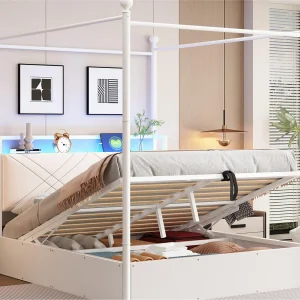 Dubbelbed met opbergruimte 140×190 cm – met metalen hemelbed – Verwijderbare bedposten – met LED en USB/Type-C-poort – wit Dubbelbed met opbergruimte 140×190 cm – met metalen hemelbed – Verwijderbare bedposten – met LED en USB/Type-C-poort – wit