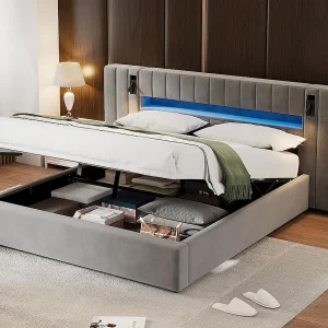 Fluwelen opbergbed – 180×200 cm – met LED en oplaadpoort – Grijs Fluwelen opbergbed – 180×200 cm – met LED en oplaadpoort – Grijs