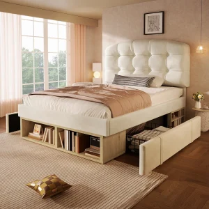 Eenpersoons opbergbed voor kinderen – 90 x 200 cm – met verstelbaar hoofdeinde + lades + planken – fluweel – beige Eenpersoons opbergbed voor kinderen – 90 x 200 cm – met verstelbaar hoofdeinde + lades + planken – fluweel – beige