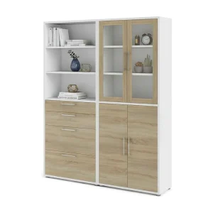 Embabane dressoir, Woonkamerbuffet, Woonkamerdressoir, Keukenkast, 178×40 h222 cm, Wit en Eiken
