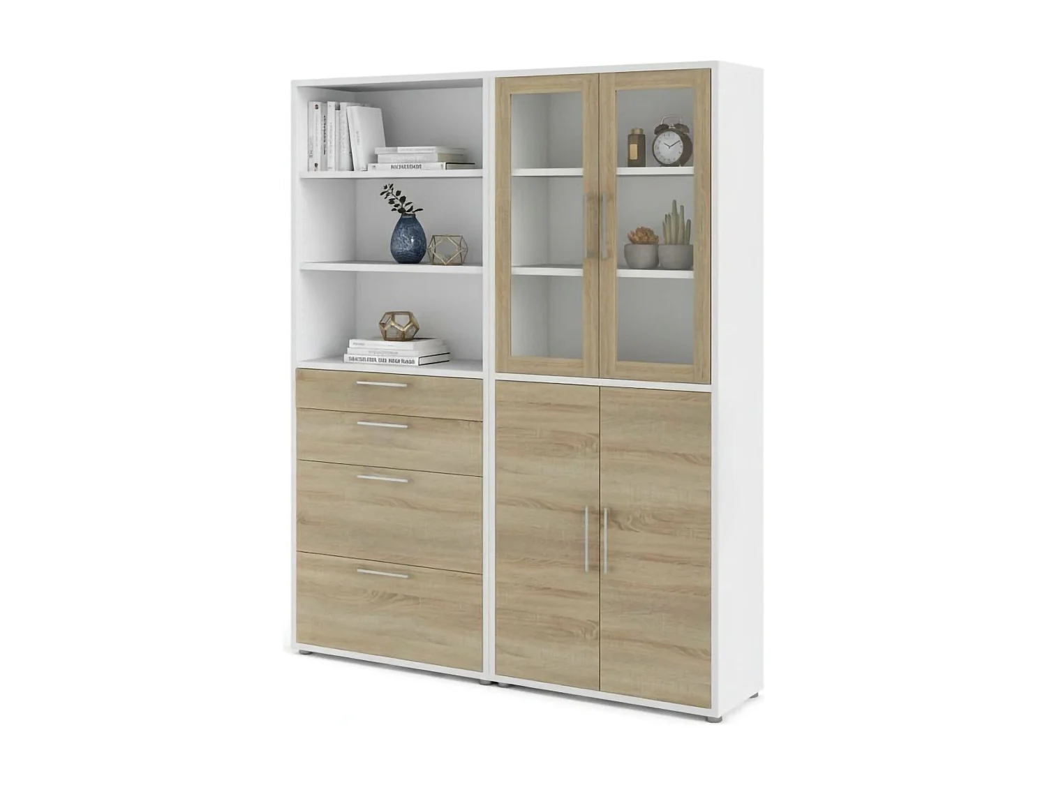 Embabane dressoir, Woonkamerbuffet, Woonkamerdressoir, Keukenkast, 178x40 h222 cm, Wit en Eiken