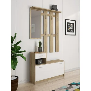 Entreemeubel 0, Moderne entree met spiegel, Kast met schoenenrek, Multifunctionele kast, 100x25h180 cm, Wit en Eiken