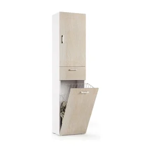 Dmora Multifunctionele Kast 2 Deuren Escolzia 32x195h cm Wit 2 Planken, Lade, Wasmand Made in Italy