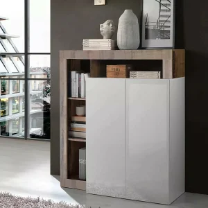 Dsmar dressoir, Woonkamerbuffet, Woonkamerdressoir, Keukenkast, Made in Italy, 108×42 h127 cm, Glanzend wit en Acacia Dsmar dressoir, Woonkamerbuffet, Woonkamerdressoir, Keukenkast, Made in Italy, 108×42 h127 cm, Glanzend wit en Acacia